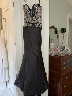 Jovani Black Strapless Gown with Silver and Gold Beaded Bodice